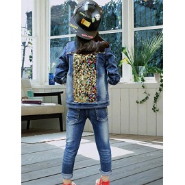 Girl's Cotton Spring/Autumn Casual Patchwork Paillette Cowboy Jacket Denim Coat And Jeans Pants Two-piece Set  