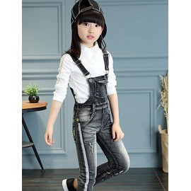 Girl's Cotton Spring/Autumn Fashion Print Jeans Pants Suspender Trousers Patchwork Solid Color Overalls  