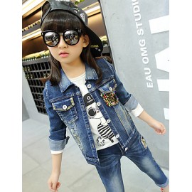 Girl's Cotton Spring/Autumn Casual Patchwork Paillette Cowboy Jacket Denim Coat And Jeans Pants Two-piece Set  