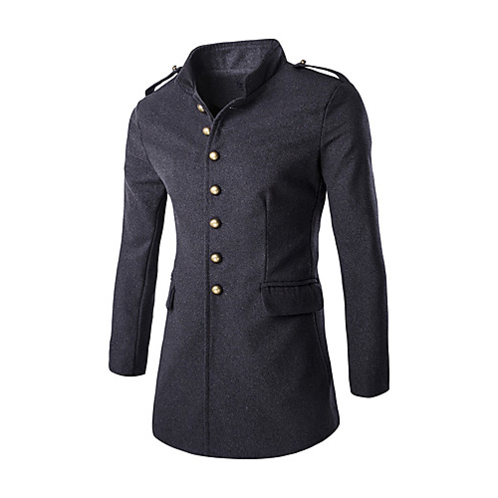 Men's Military Style Slim Badges Woolen Coat,Cotton / Polyester Long Sleeve-Black / Gray
