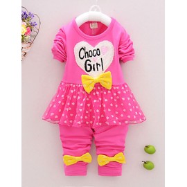 Girl's Cotton Spring/Autumn Casual Bowknot Cartoon Patchwork Long Sleeve T Shirt And Pants Two-piece Set  