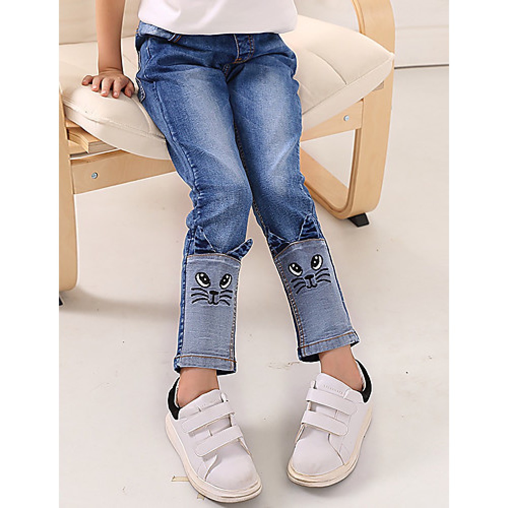Girl's Cotton Spring/Autumn Fashion Patchwork Cat Pattern Children Skinny Jeans  